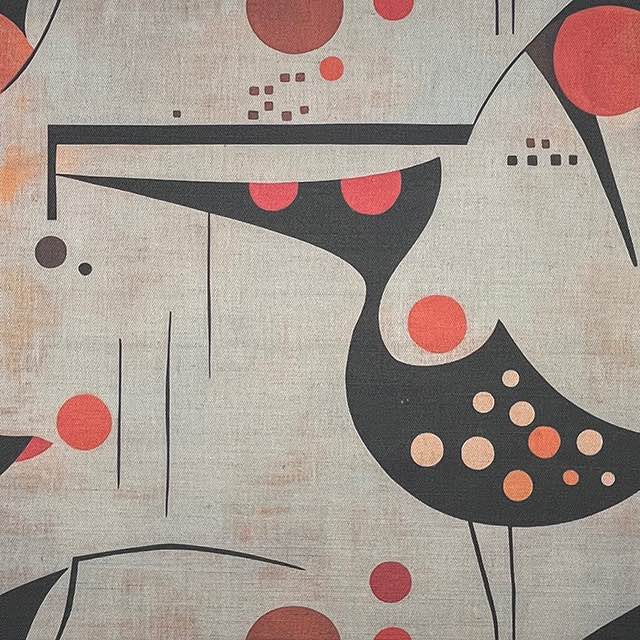 Bird No.7 upholstery fabric with geometric black bird and coral dot accents on a stone background