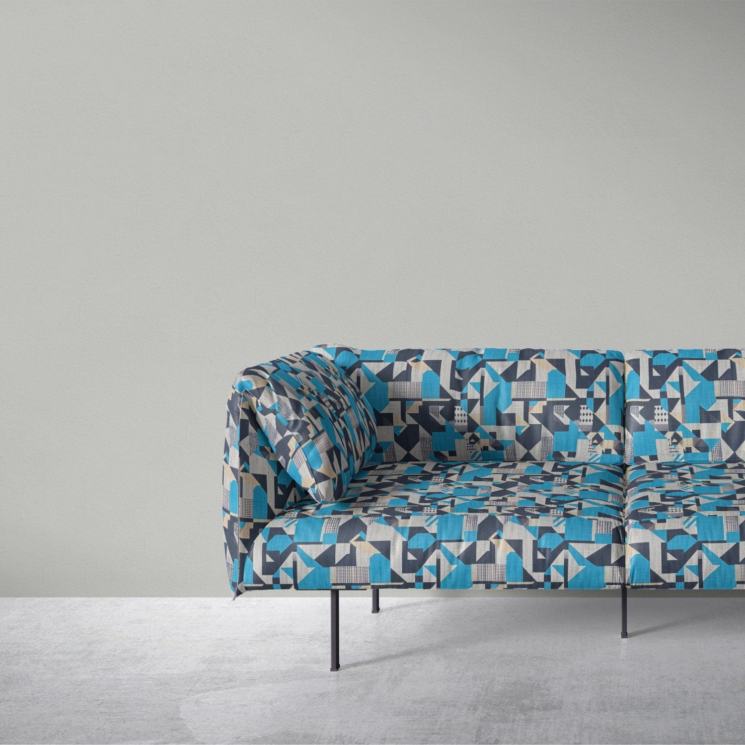 Creation No.12 Upholstery Fabric sofa with bold abstract design in deep blues and greys