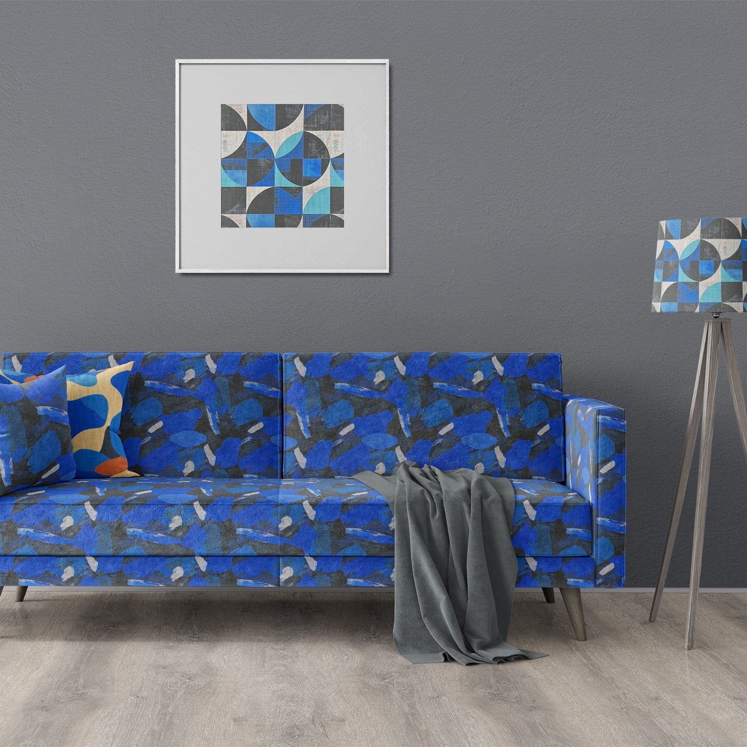 Creation No.12 Upholstery Fabric sofa with bold abstract design in deep blues and greys