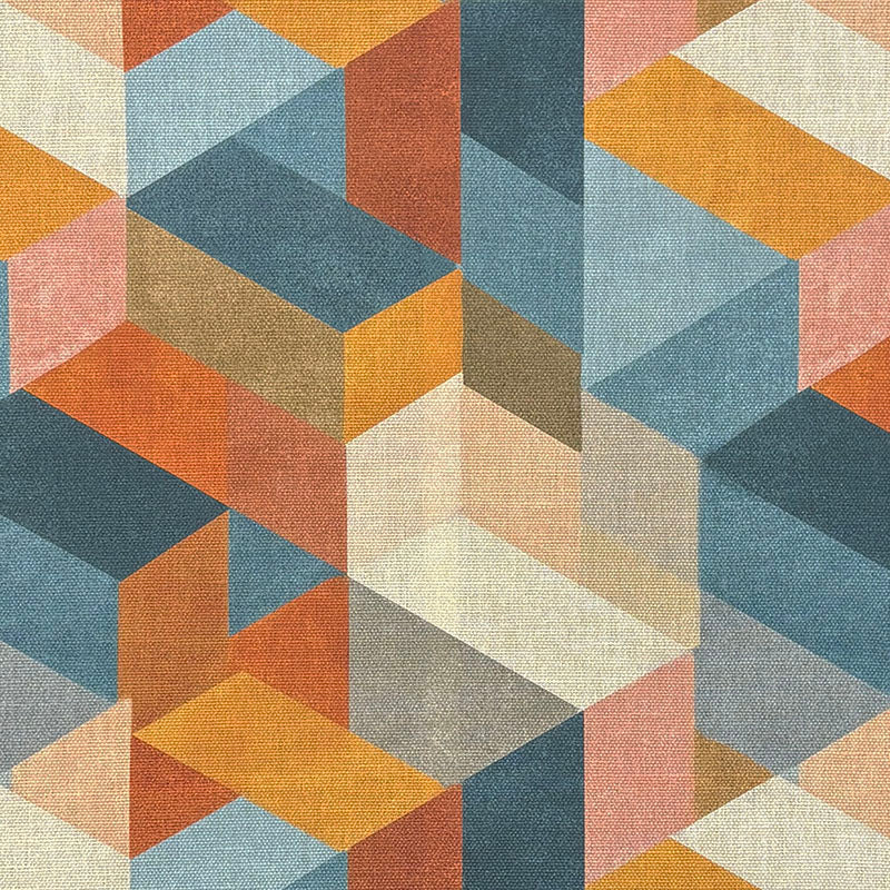 Flat swatch of Dessau No.10 multicoloured upholstery fabric with abstract geometric shapes in red, teal, mustard and peach
