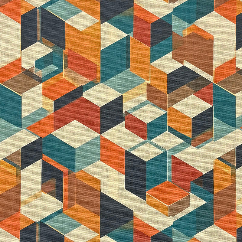 Flat swatch of Dessau No.11 multicoloured upholstery fabric with geometric and painterly blocks in burnt orange, teal, navy, and blush