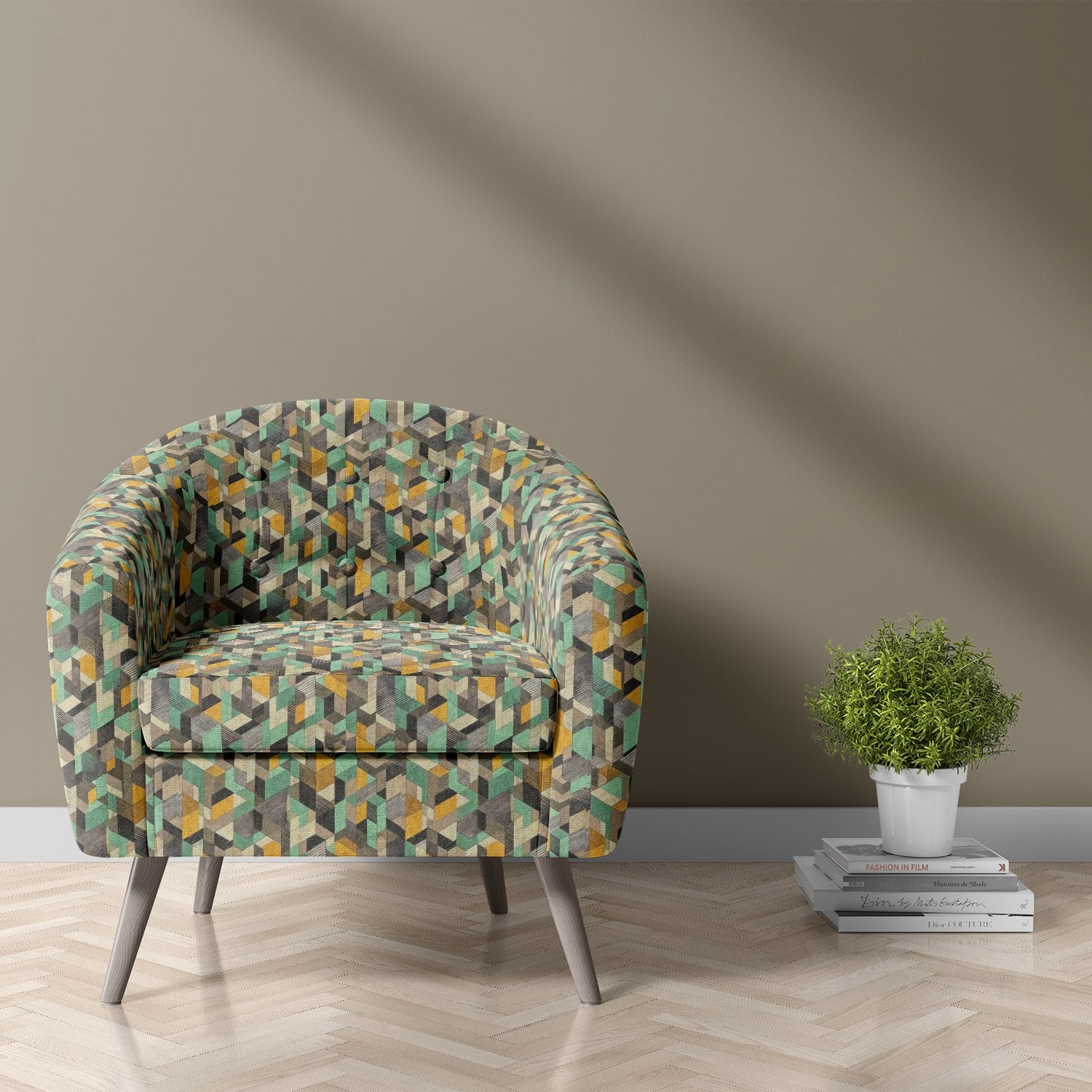 Multicoloured geometric upholstery fabric on a barrel armchair in a Bauhaus-inspired interior – Dessau No.13