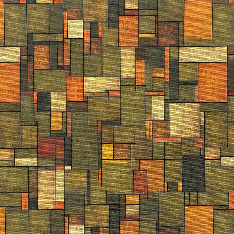 Green block print multicoloured upholstery fabric – flat swatch of Dessau No.16 showing geometric structure in olive, orange and cream