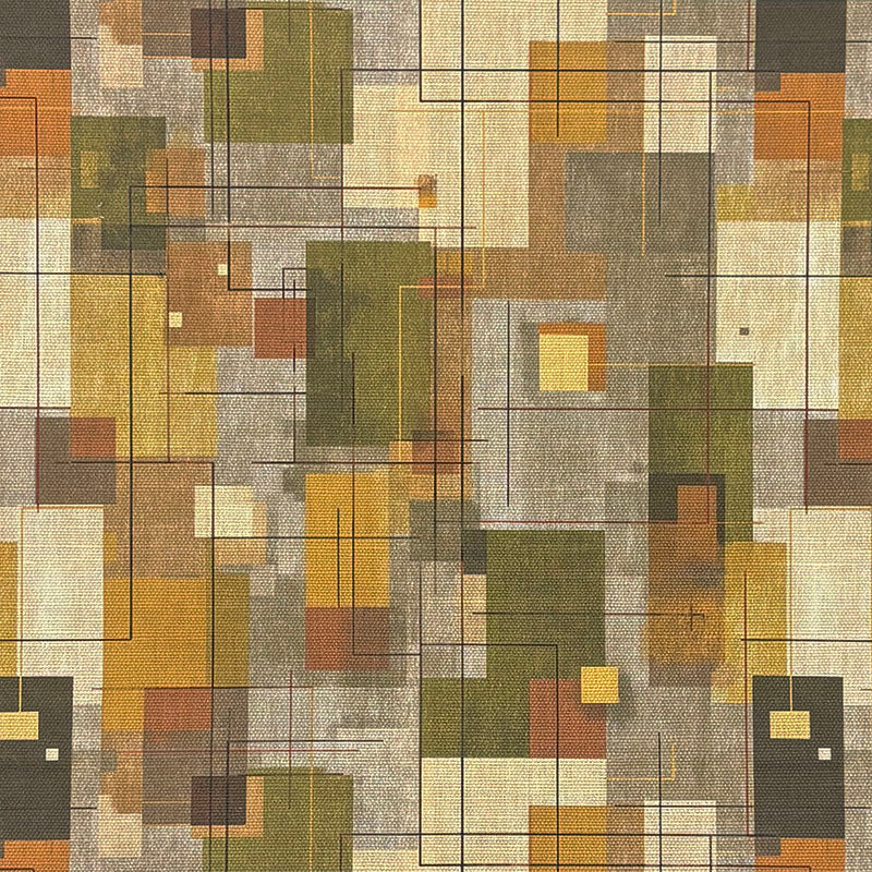Multicoloured upholstery fabric with modernist geometric blocks in ochre, rust and green – Dessau No.18 flat view