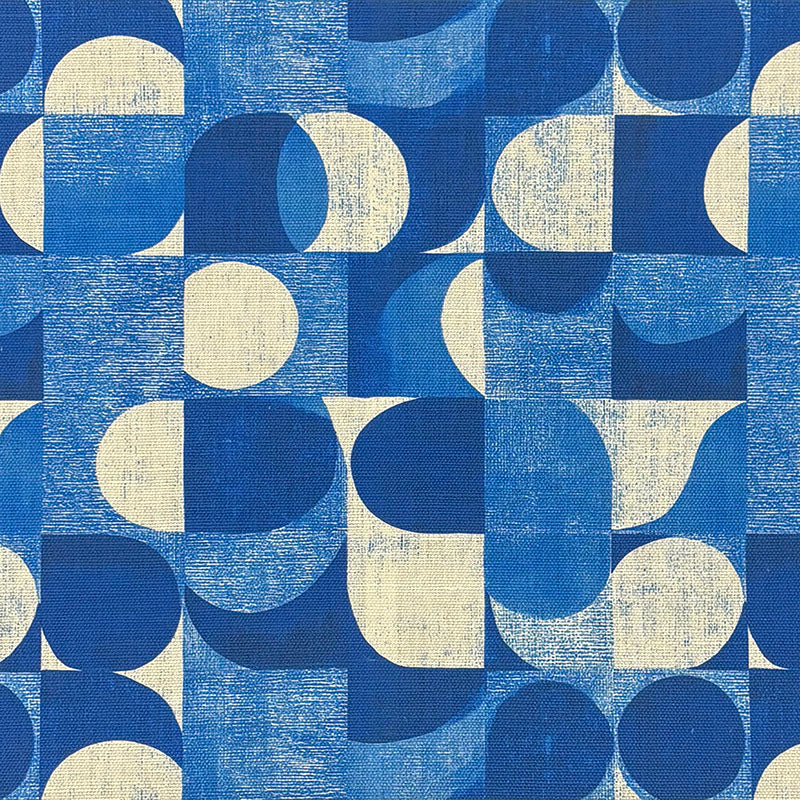 Blue geometric upholstery fabric with Bauhaus-inspired curved and abstract shapes on a natural woven background – Dessau No.20