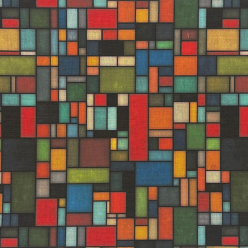 Statement upholstery fabric with Bauhaus geometric pattern in multicoloured blocks of red, blue, green, mustard and charcoal