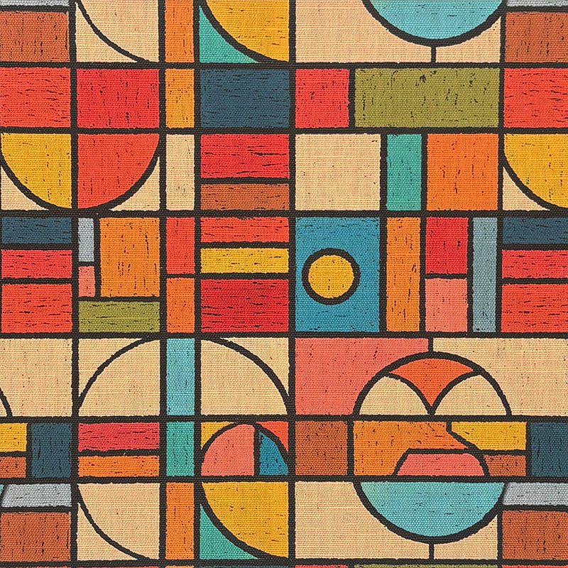 Statement upholstery fabric with Bauhaus geometric pattern featuring arcs and rectangles in terracotta, mustard, teal and beige tones