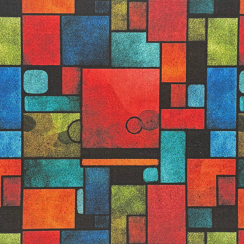 Bold multicoloured upholstery fabric with abstract Bauhaus-style rectangles and cubist shapes in red, blue, green and orange