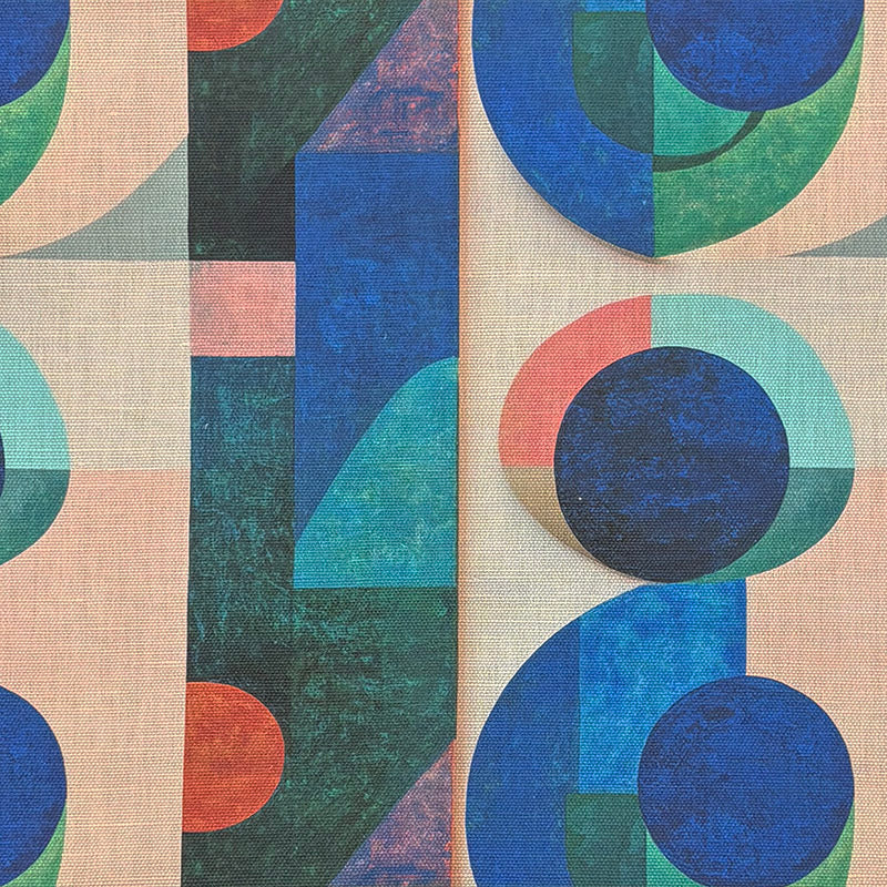 Flat image of Dessau No.4 multicoloured upholstery fabric with Bauhaus-style geometric shapes in blue, pink, green and peach.