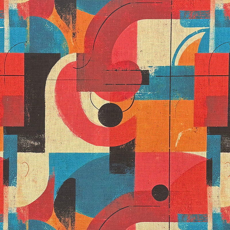 Flat lay of Dessau No.8 multicoloured upholstery fabric with bold geometric design in red, blue, and orange