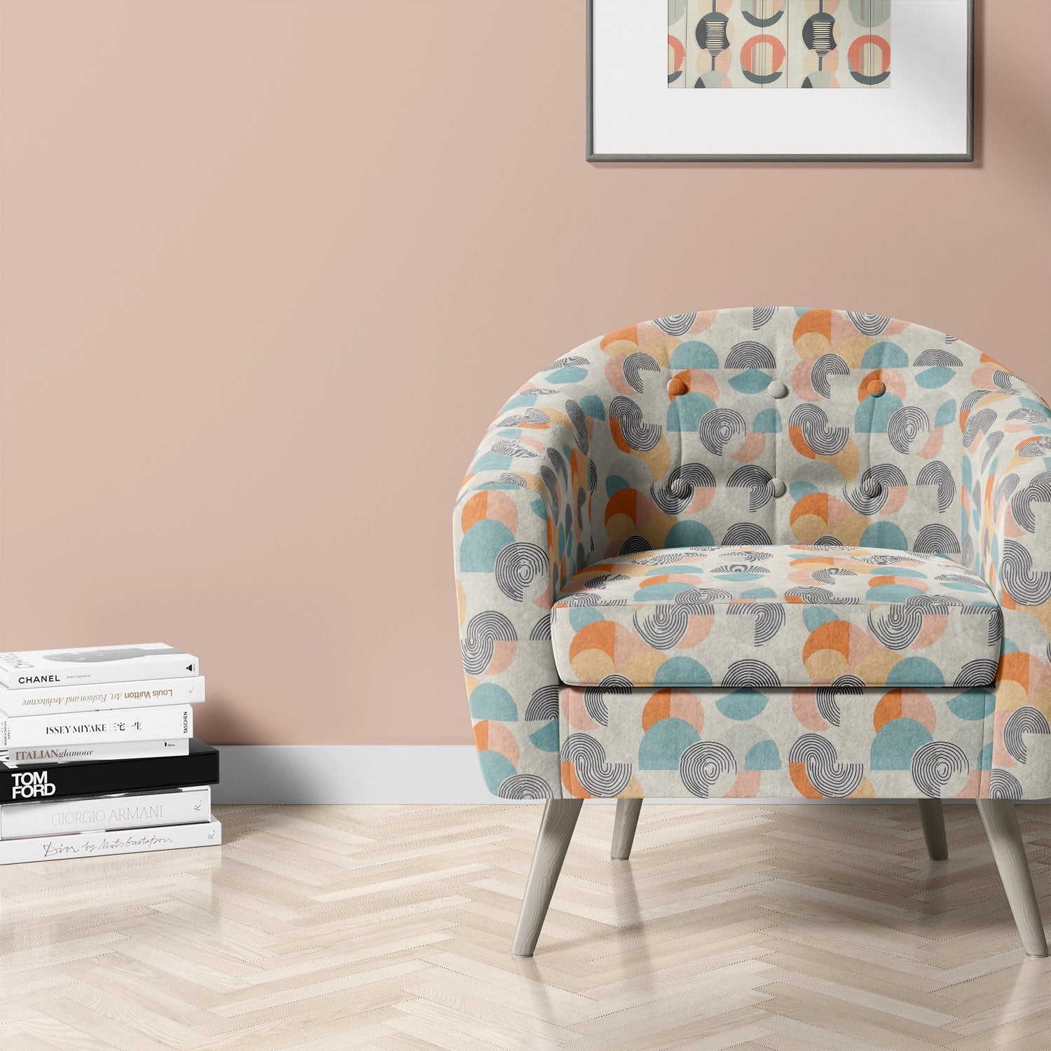 Armchair upholstered in Elements No.1 multicoloured upholstery fabric – roomset image