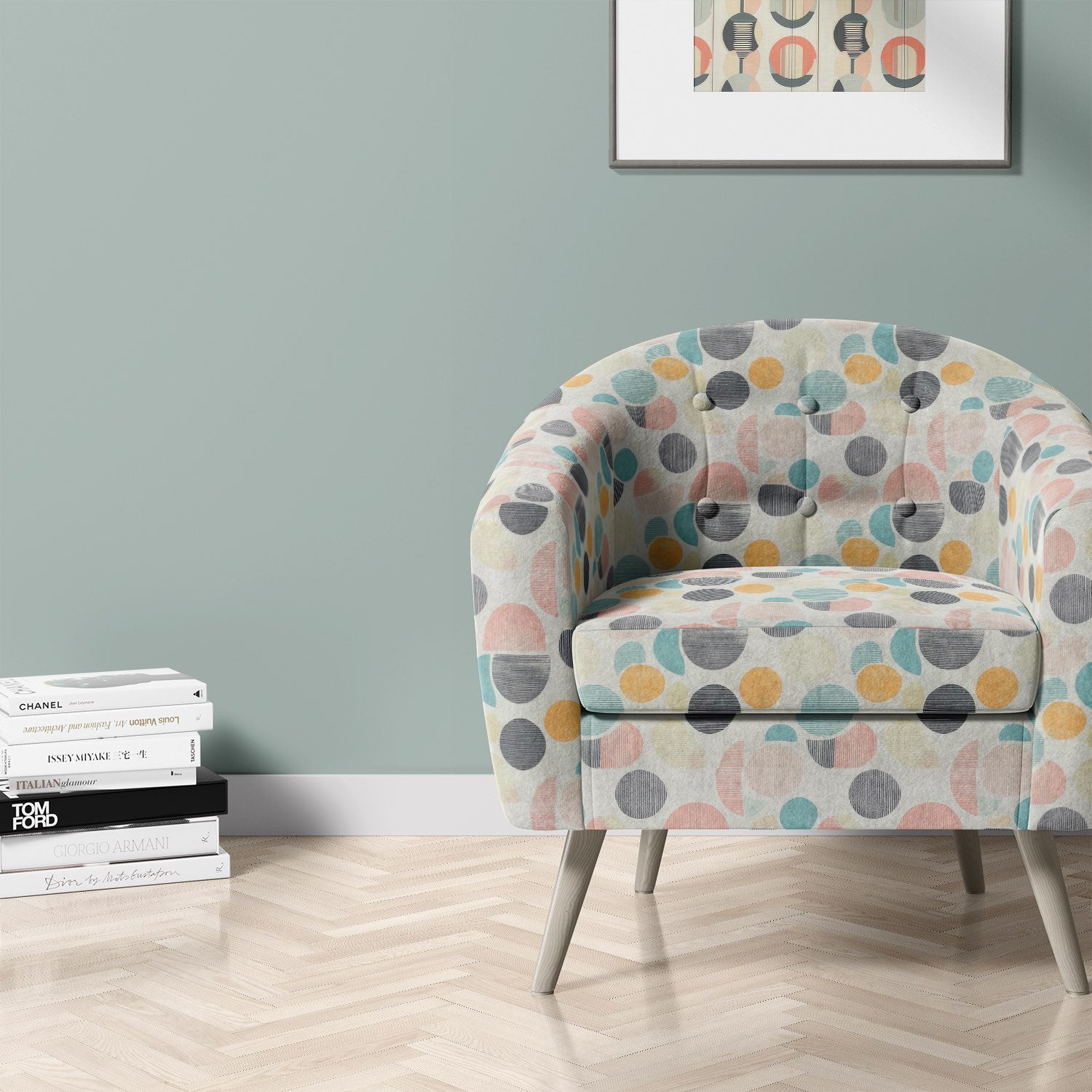 Armchair upholstered in multicoloured upholstery fabric with modern abstract circle design