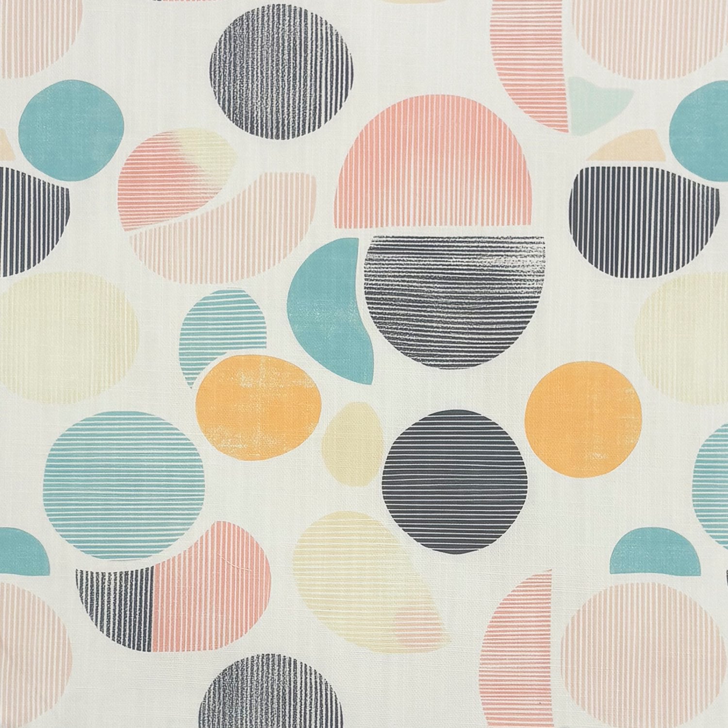 Multicoloured upholstery fabric with playful retro circular pattern in pastel and navy
