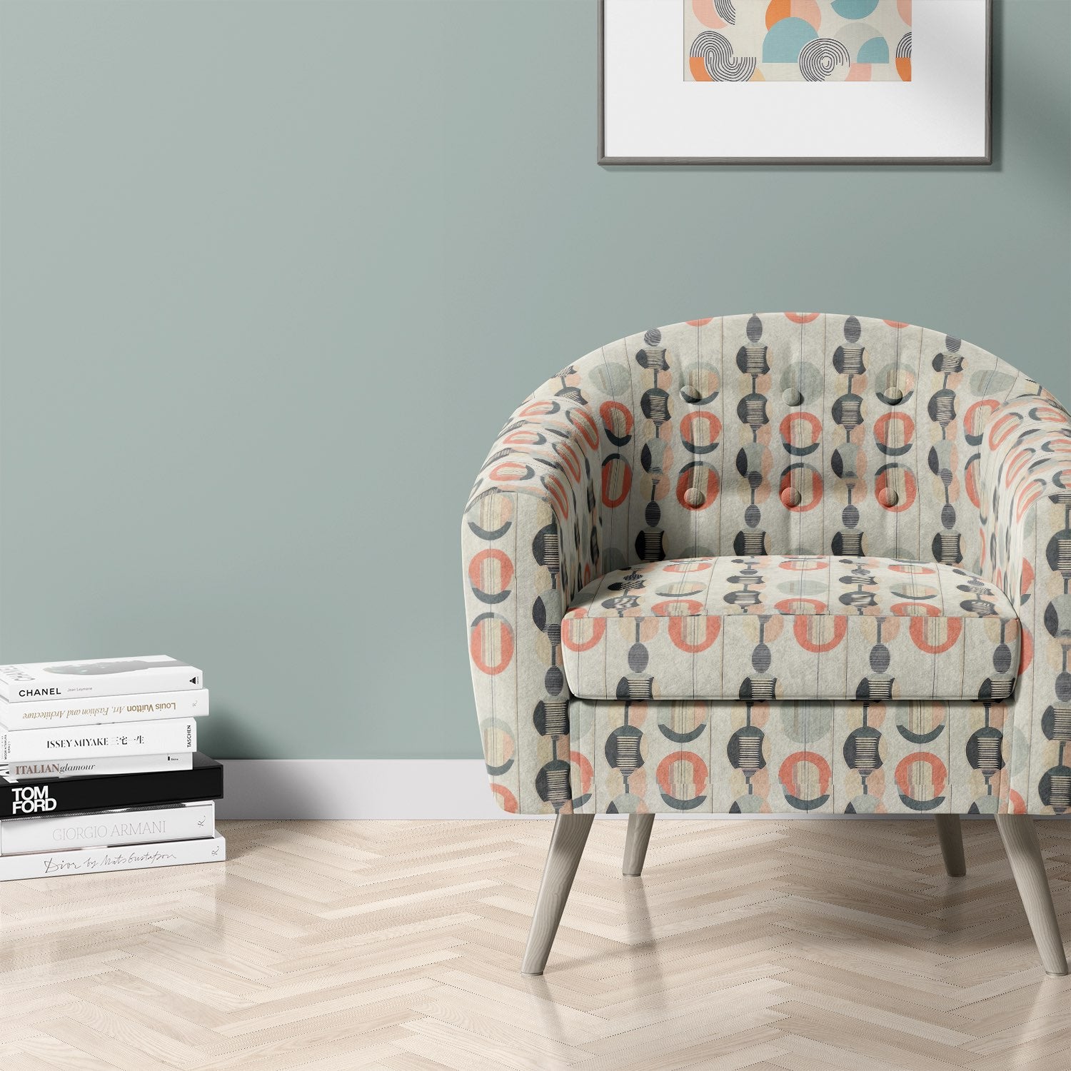 Upholstered chair in Elements No.3 multicoloured upholstery fabric with geometric design