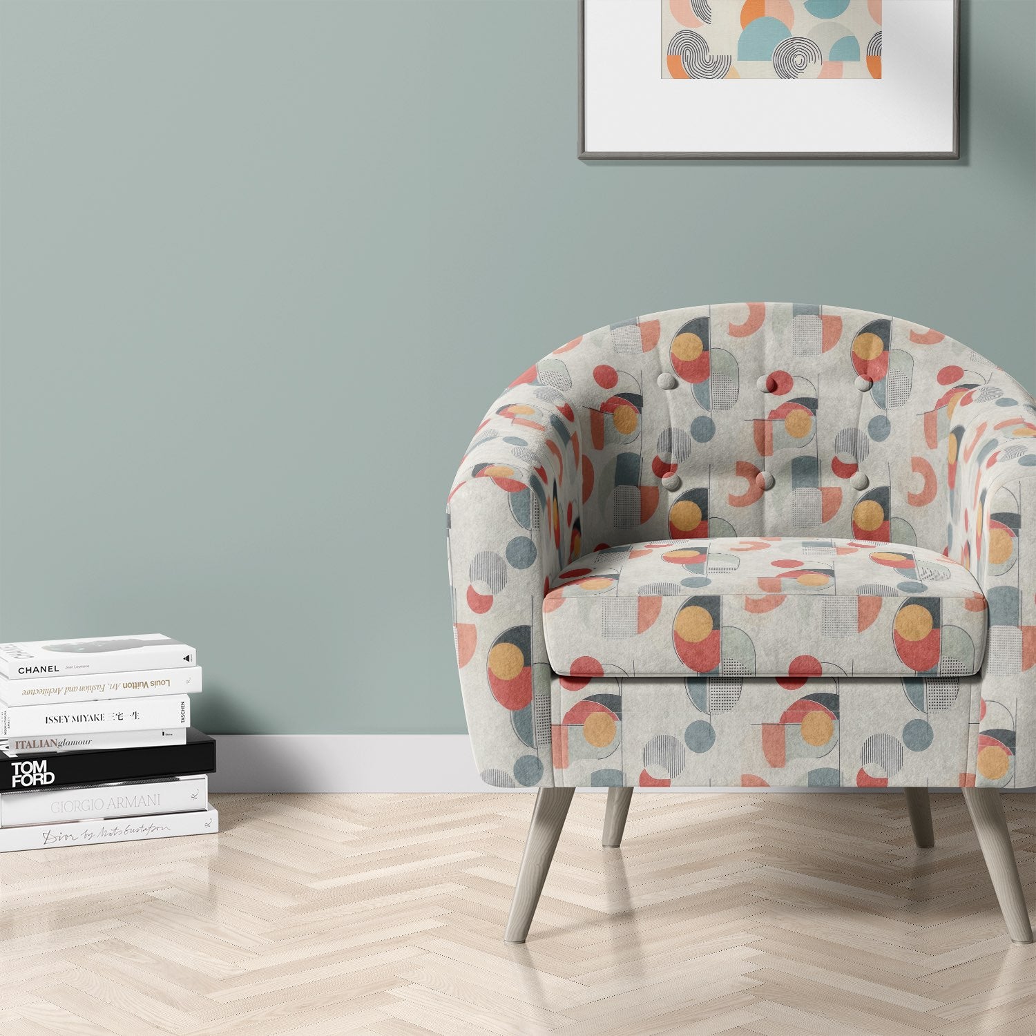 Chair upholstered in Elements No.4 multicoloured abstract pattern upholstery fabric