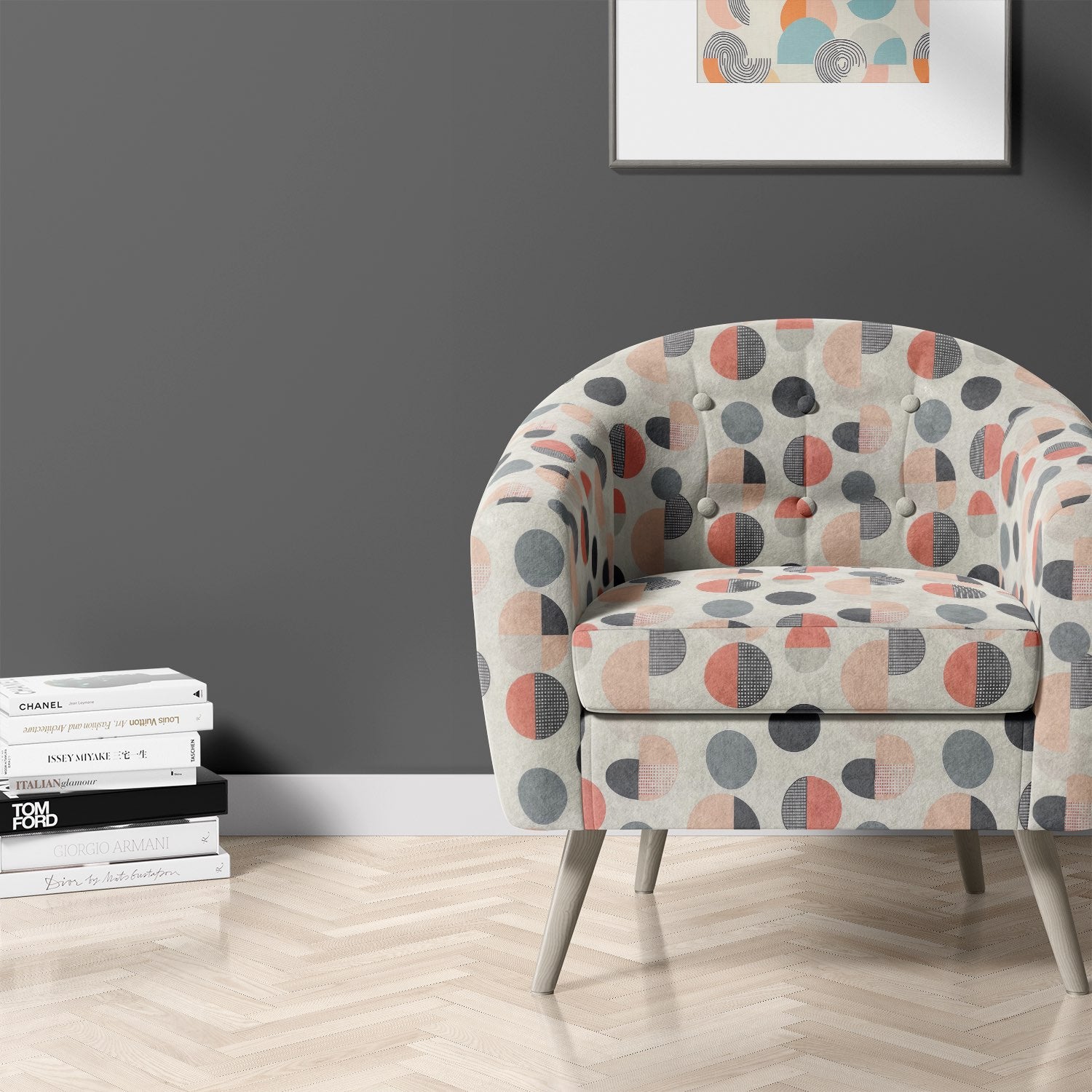 Armchair upholstered in Elements No.5 – multicoloured upholstery fabric with graphic round pattern in coral, blue and charcoal