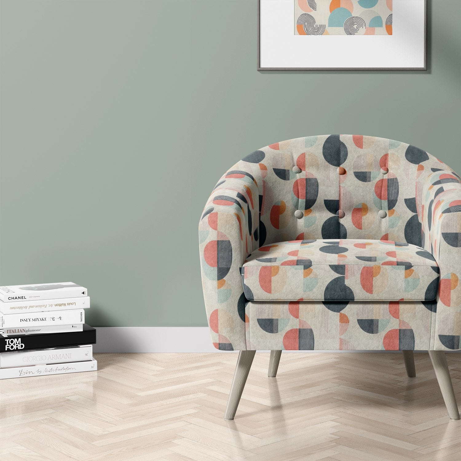 Elements No.7 multicoloured upholstery fabric on curved armchair in modern roomset
