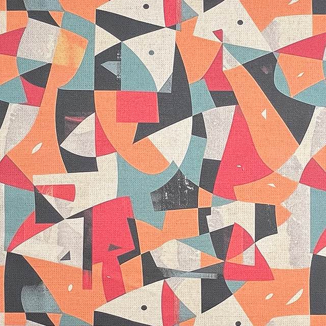 Close-up of Exhibite No.11 luxury upholstery fabric showcasing an abstract pattern in coral, teal, ivory, and black with geometric accents