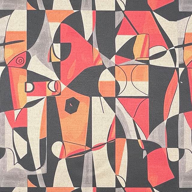 Exhibite No.13 upholstery fabric with abstract red, black and cream shapes in expressionist style