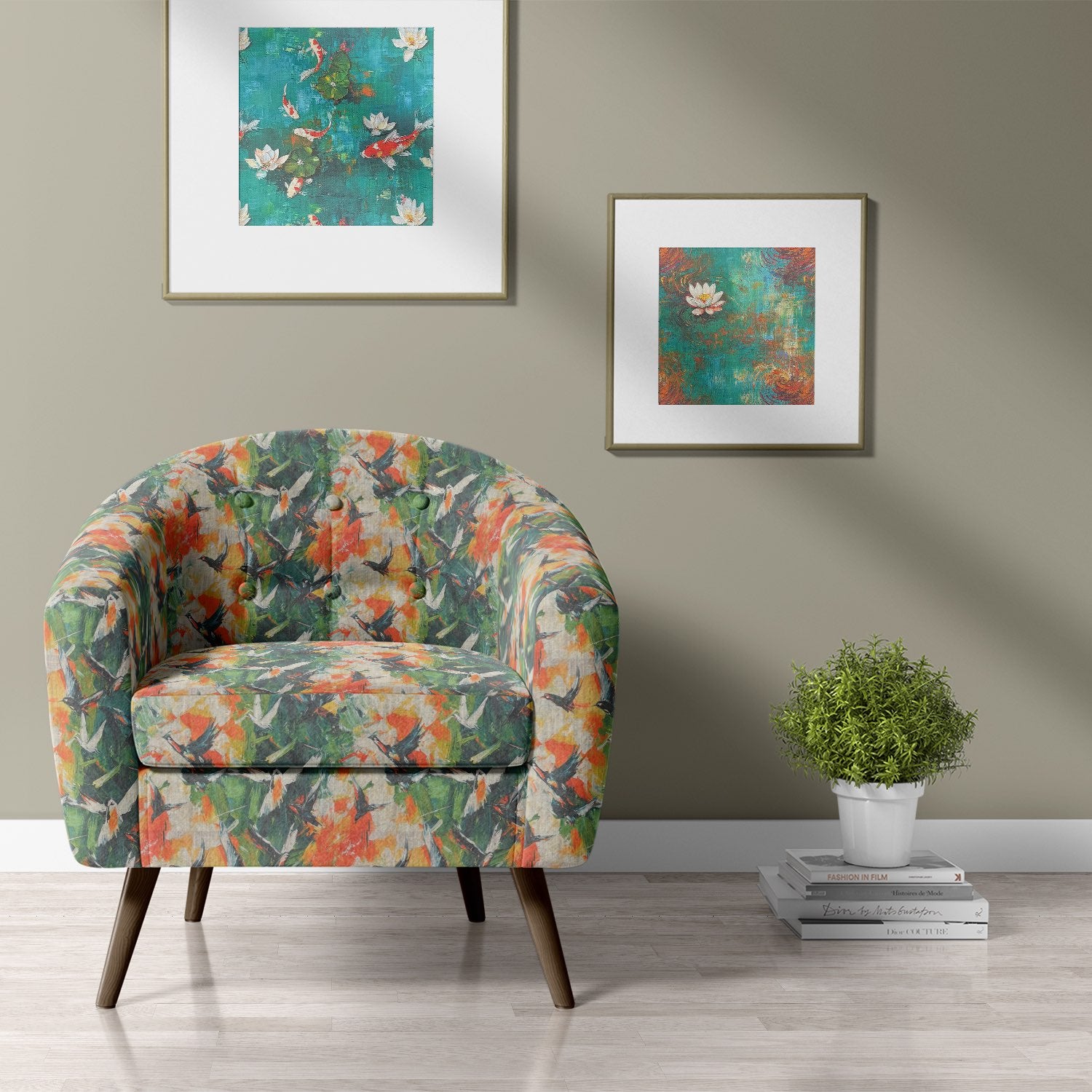 Expressionism No.11 multicoloured upholstery fabric on barrel chair – abstract bird design