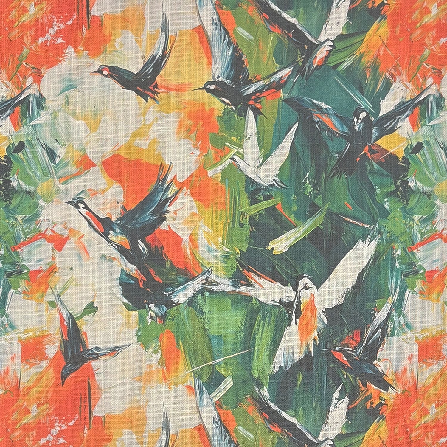 Flat swatch of Expressionism No.11 upholstery fabric with painterly birds and brushstroke textures