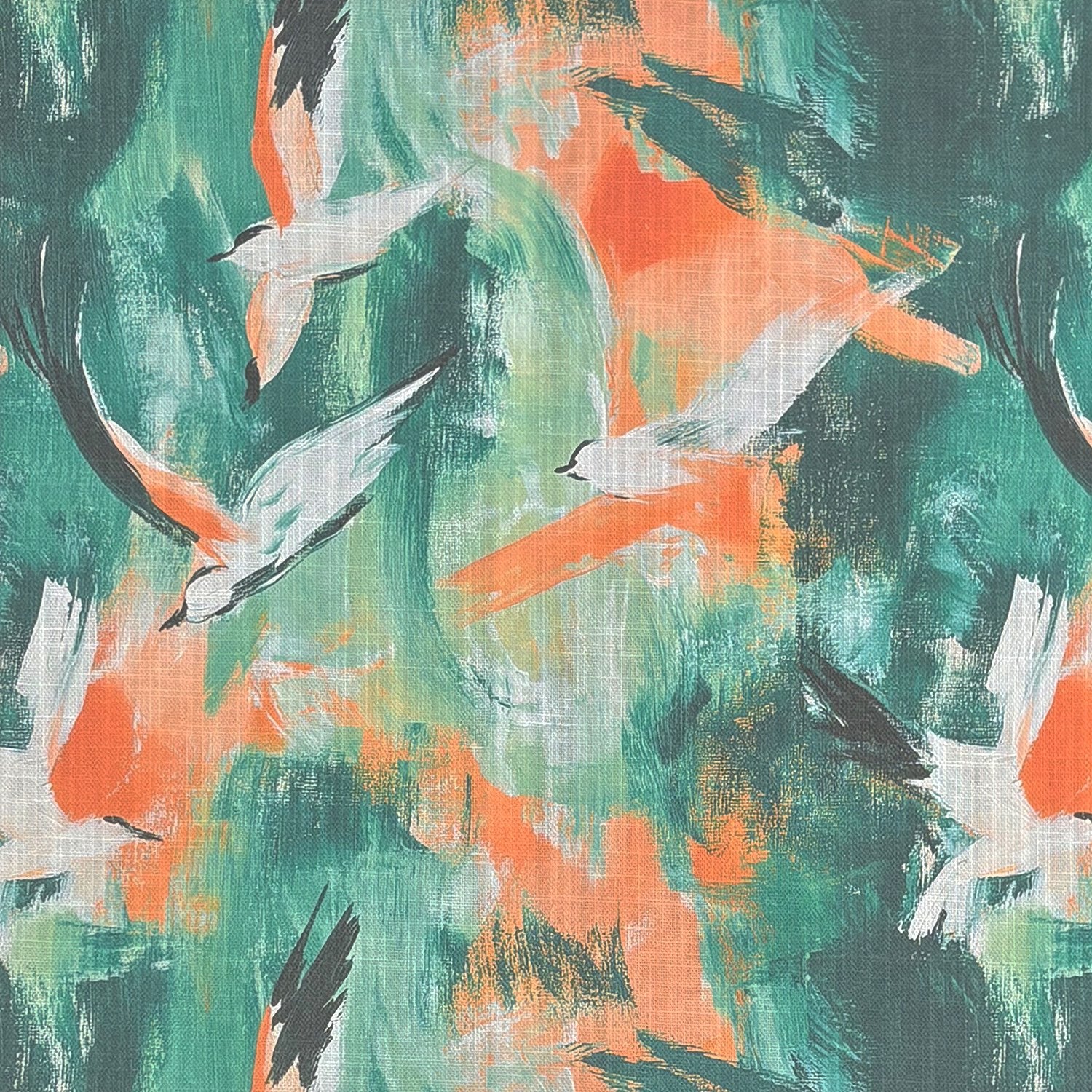 Expressionism No.12 multicoloured upholstery fabric in teal, coral, and white with expressive bird motifs