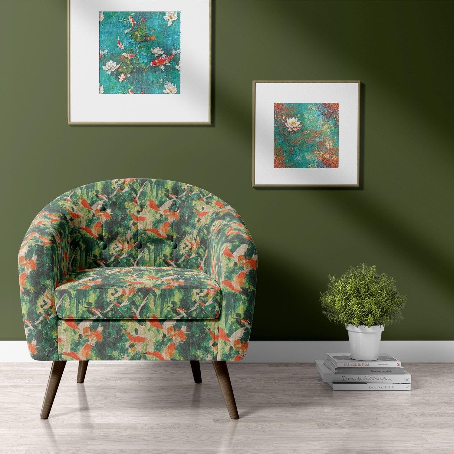 Expressionism No.13 upholstery fabric on armchair – bold abstract pattern in green and orange, styled for contemporary interiors.
