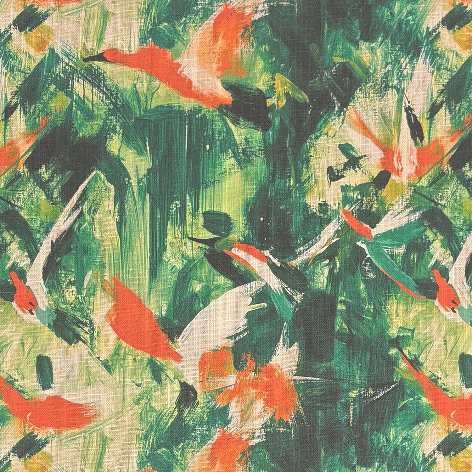 Expressionism No.13 upholstery fabric flat lay – abstract painterly design in green, orange and cream, ideal for curtains, blinds or upholstery projects.