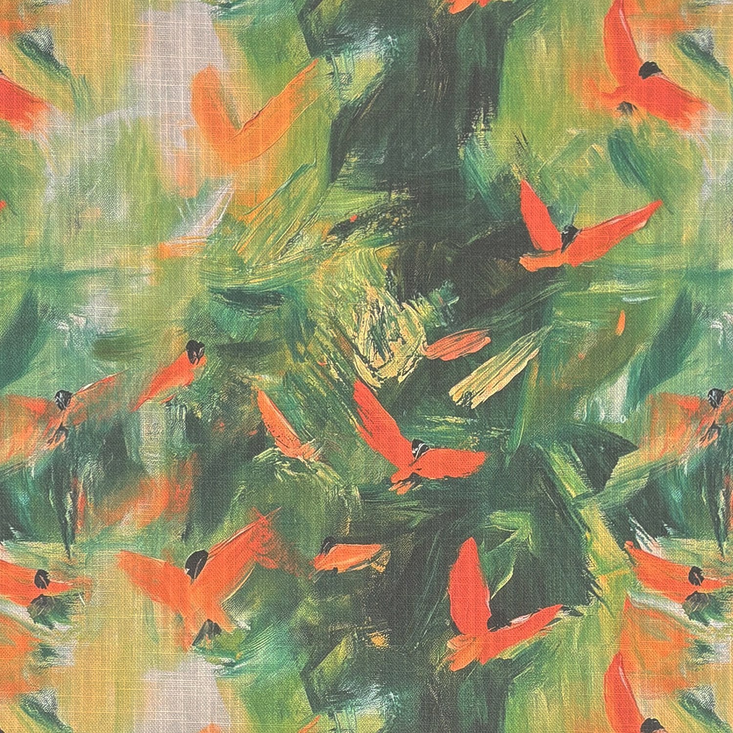 Flat lay of Expressionism No.14 – orange and green painterly bird print upholstery fabric