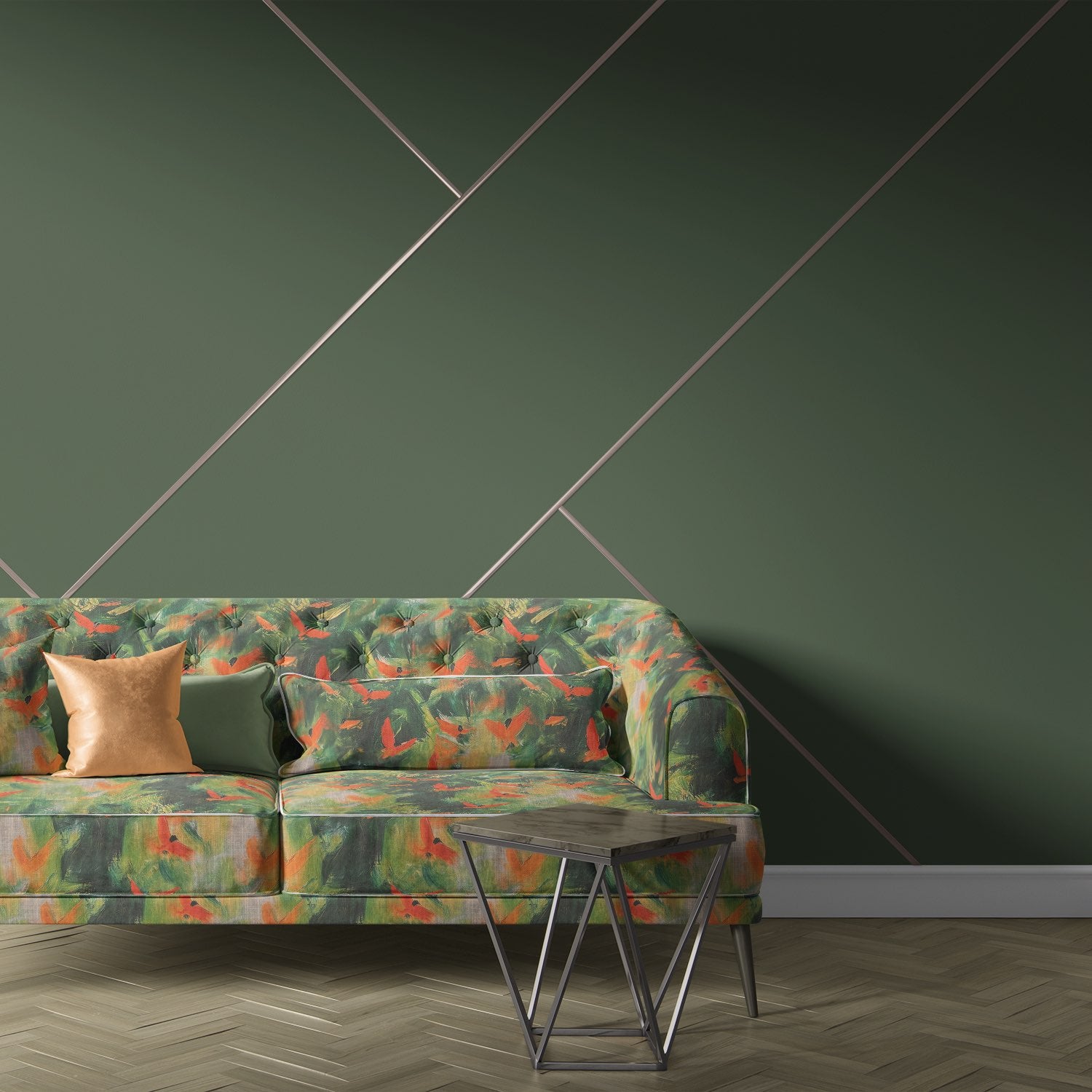 Expressionism No.14 Upholstery Fabric on sofa – multicoloured abstract bird design upholstery fabric