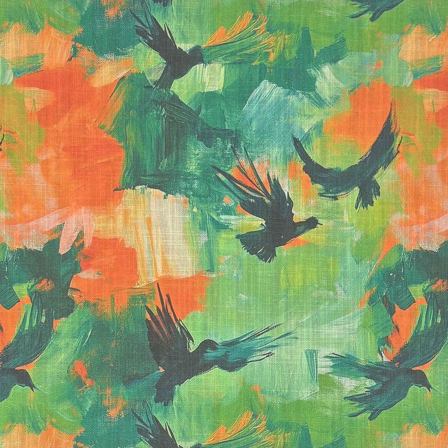 Expressionism No.15 painterly linen-blend upholstery fabric in green, orange, and blackbird motif