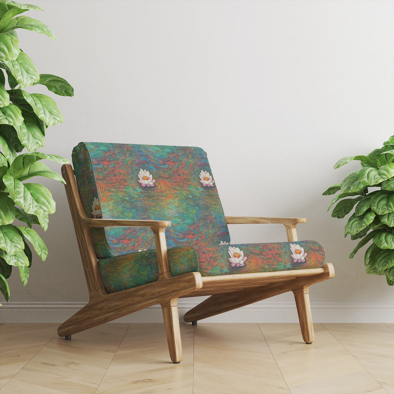 Upholstered armchair in Expressionism No.1 showing multicoloured abstract upholstery fabric