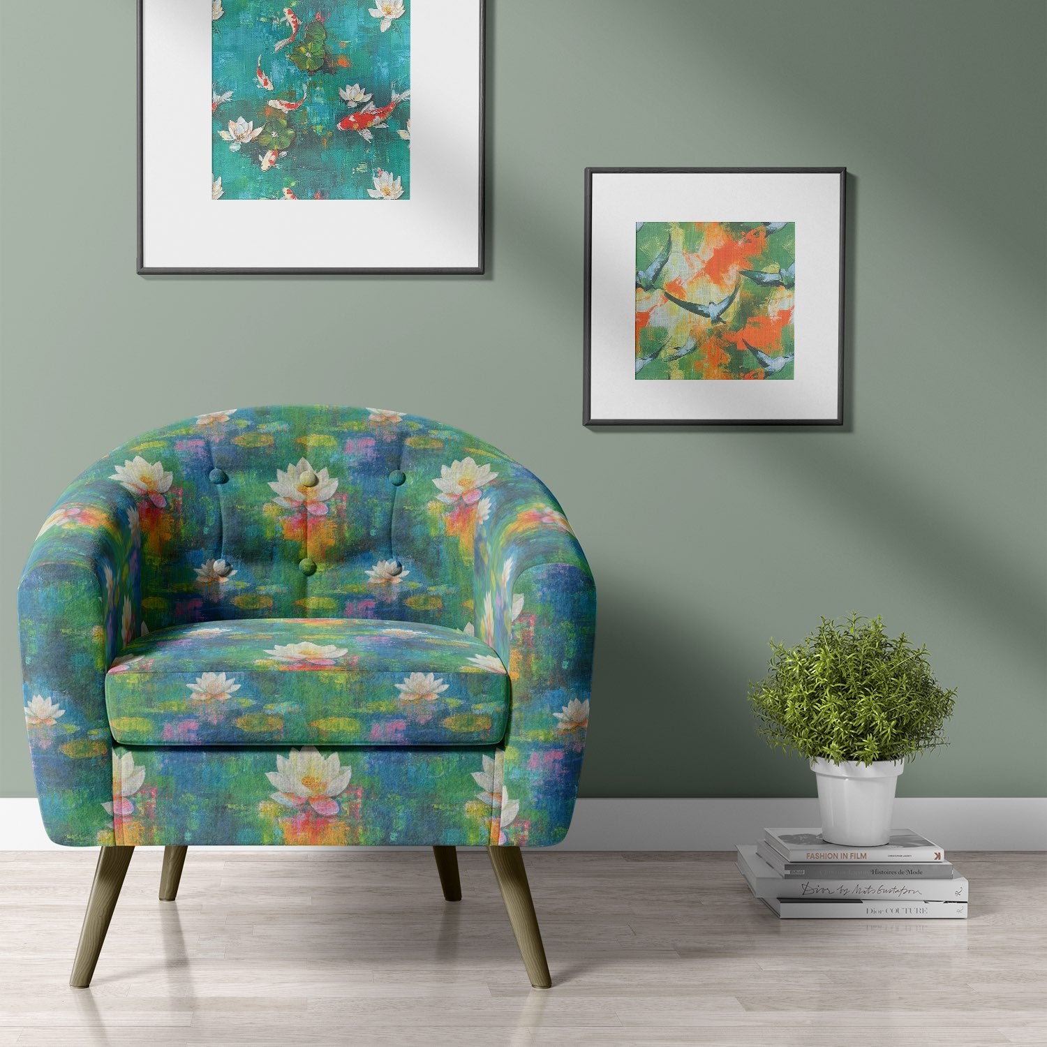 Expressionism No.2 upholstery fabric on accent chair – artistic brushstroke pattern in navy and ochre, styled in a modern interior setting.