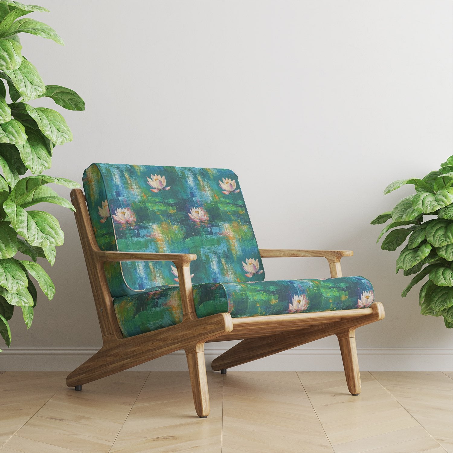 Expressionism No.3 upholstery fabric armchair styled in living room with indoor plants