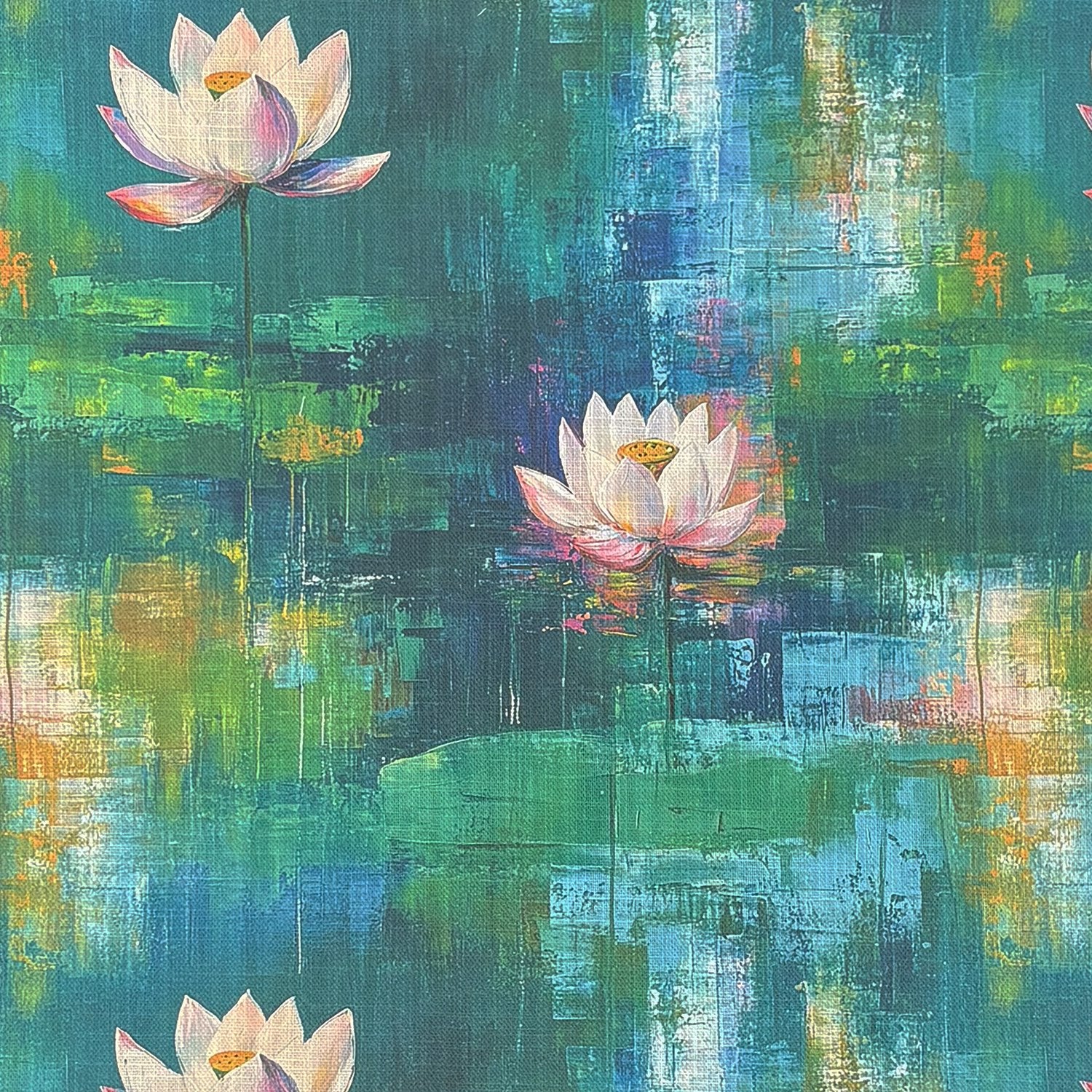 Expressionism No.3 multicoloured upholstery fabric with painterly lotus design in teal and green tones