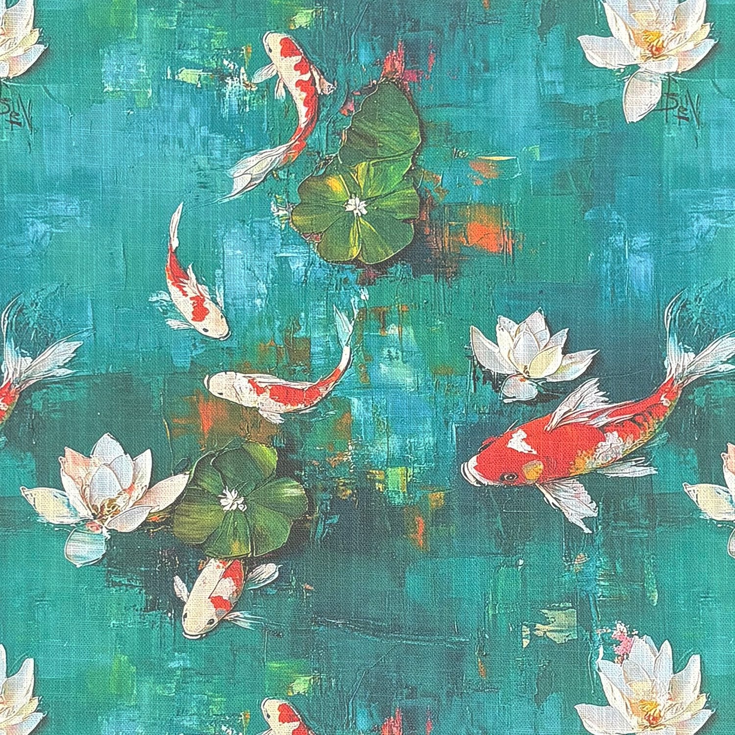 Flat image of Expressionism No.5 upholstery fabric showing red koi fish, lilies and painterly teal background