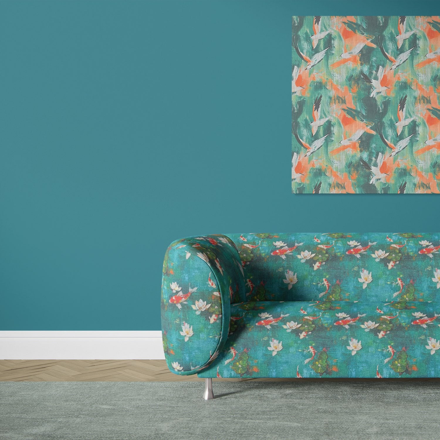 Upholstered sofa in Expressionism No.5 multicoloured upholstery fabric with koi fish and lily motif