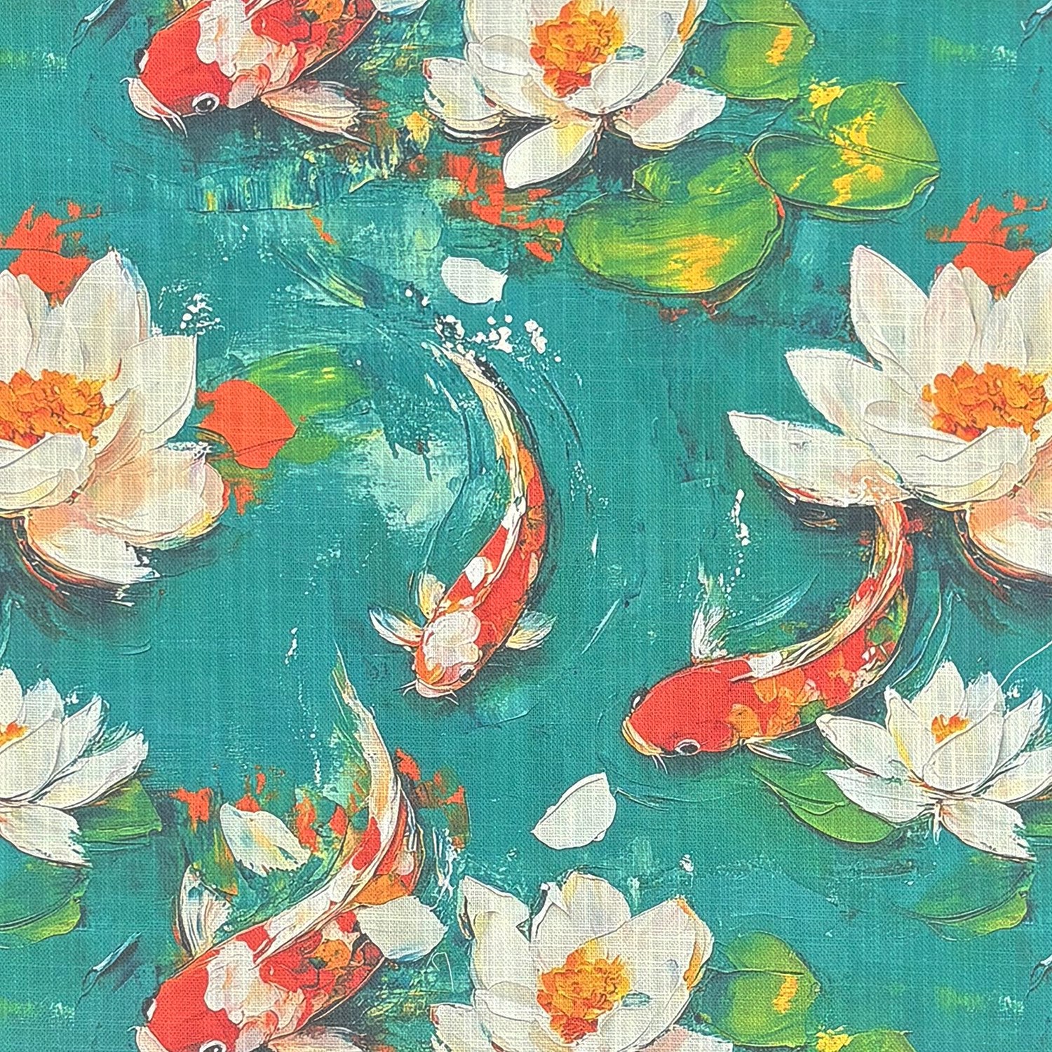 Flat swatch showing teal background with painterly koi fish and lotus blooms