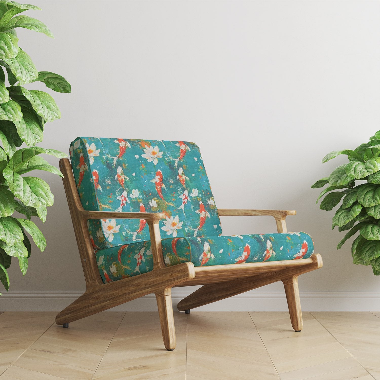 Upholstered armchair in Expressionism No.7 upholstery fabric with teal background, koi fish, and lotus flower design