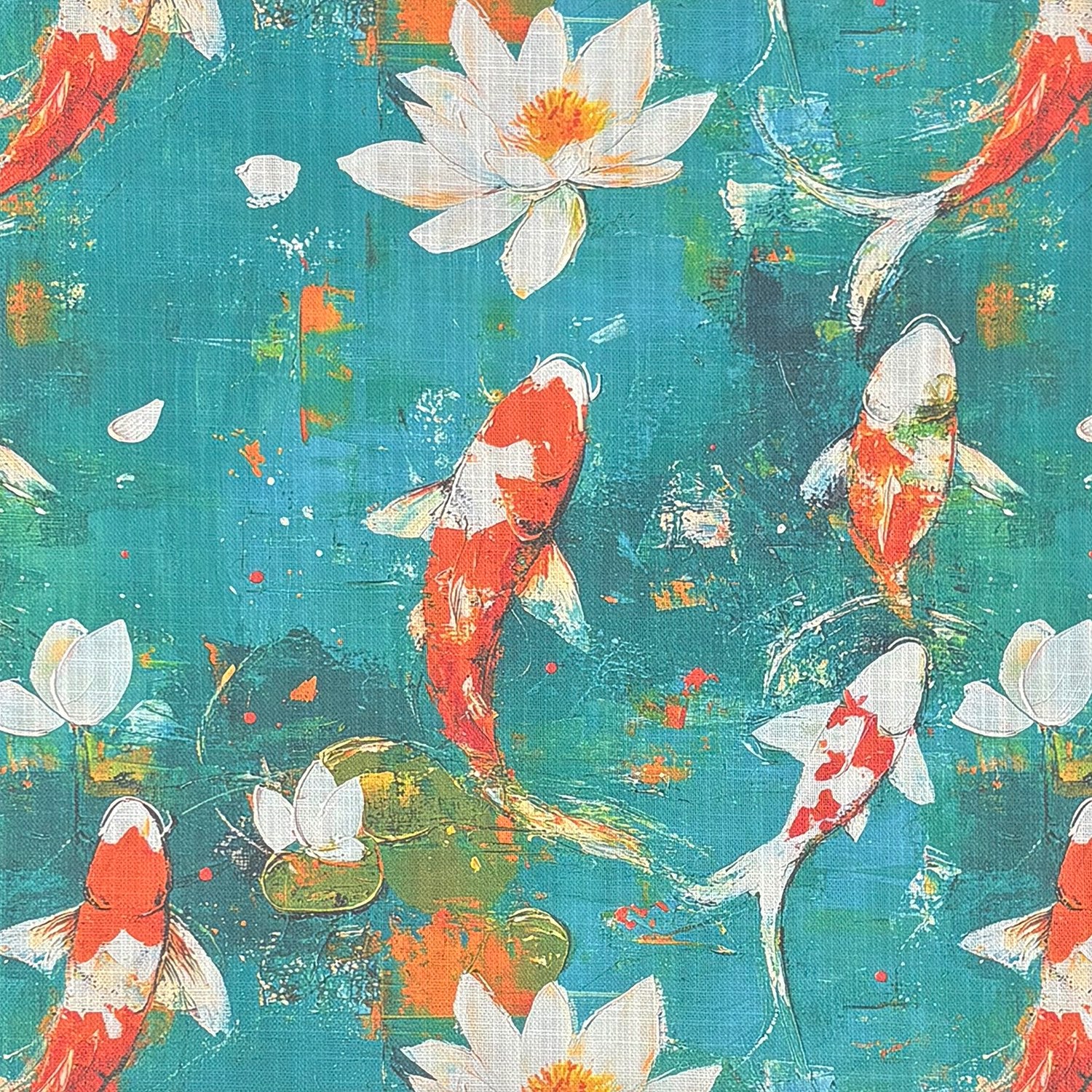 Close-up of Expressionism No.7 upholstery fabric showing painterly koi fish and white lotus on teal ground