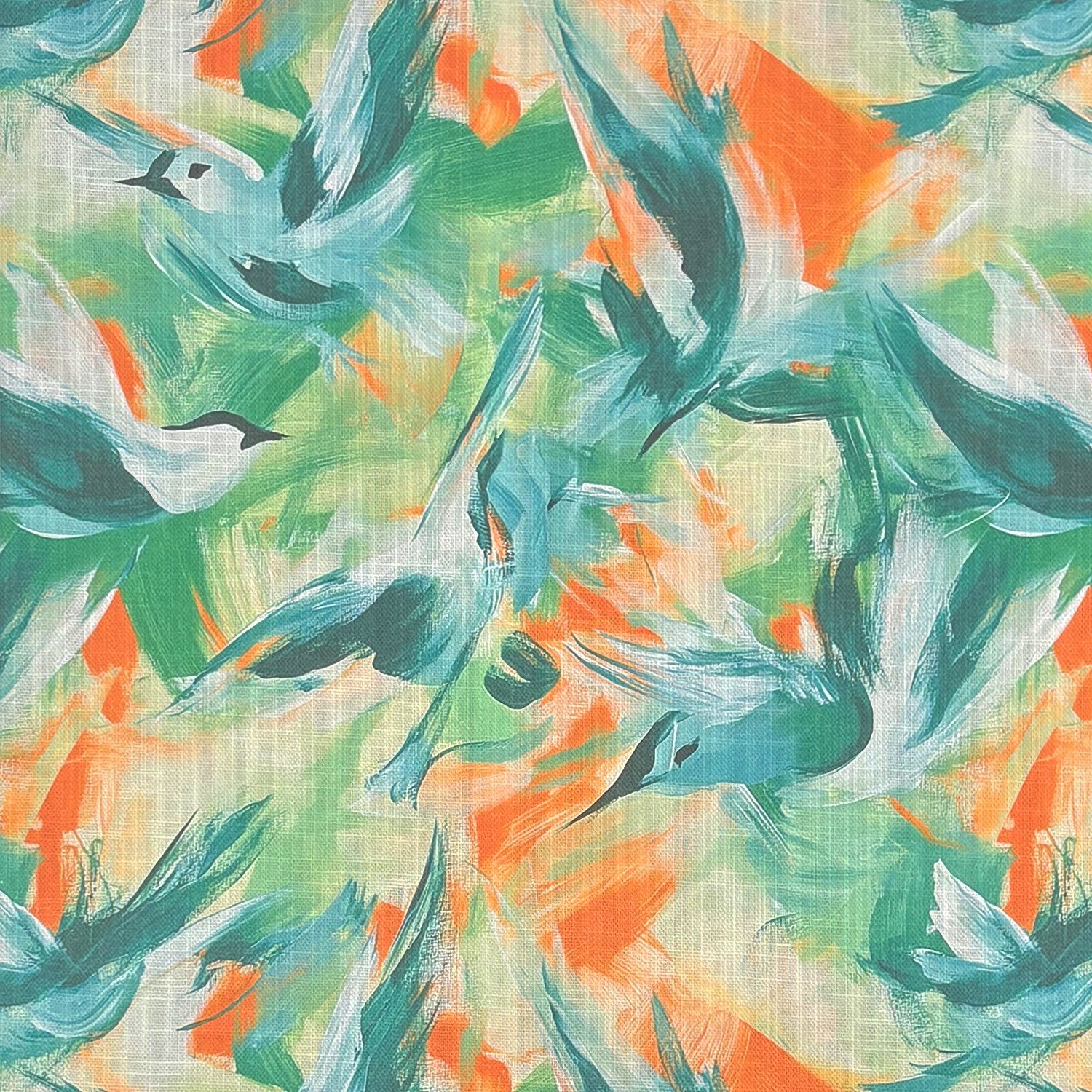 Close-up of Expressionism No.8 multicoloured bird upholstery fabric featuring teal birds and orange brushstrokes
