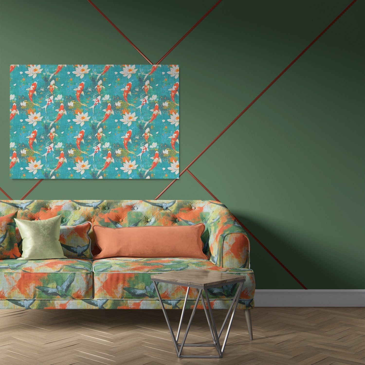 Expressionism No.9 fabric on a sofa – expressive bird print upholstery fabric in multicolour setting against dark green wall
