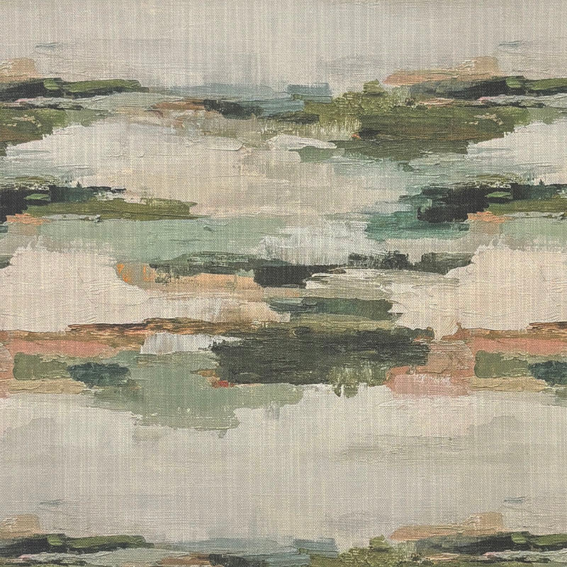 Fauve No.10 muted green abstract upholstery fabric with mineral aqua, taupe and charcoal painterly horizontal marks