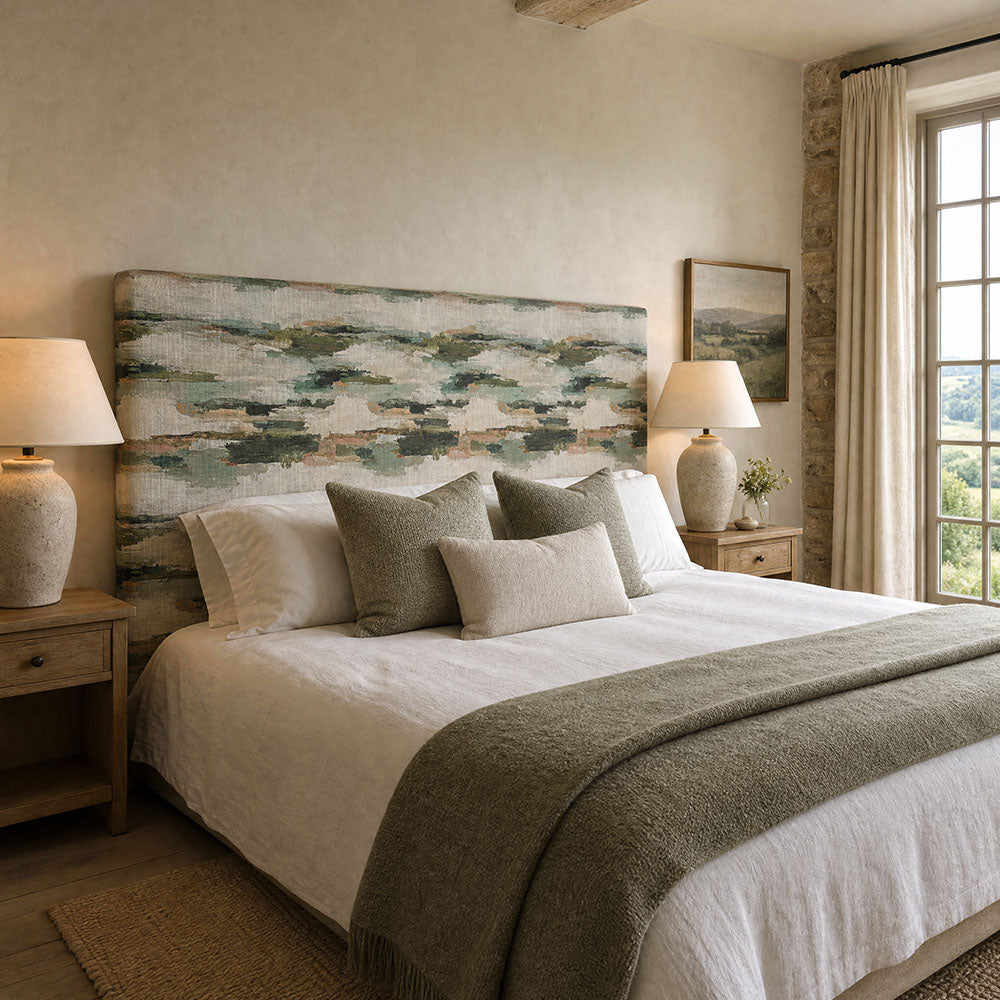 Fauve No.10 green abstract upholstery fabric on an upholstered headboard in a quiet neutral bedroom