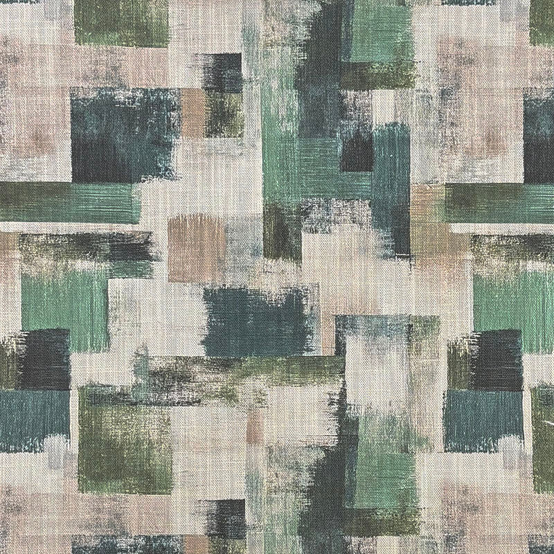 Fauve No.12 teal blue and green abstract upholstery fabric with modernist block brush marks on a natural ground