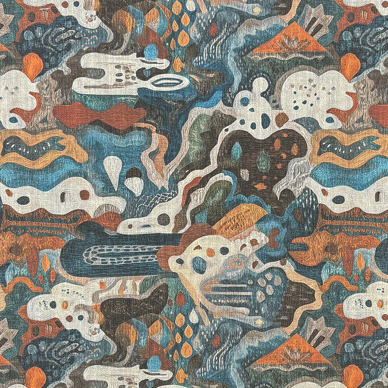 Fauve No.15 multicoloured abstract upholstery fabric with teal blue, rust orange, cream and charcoal expressive cut-out style shapes