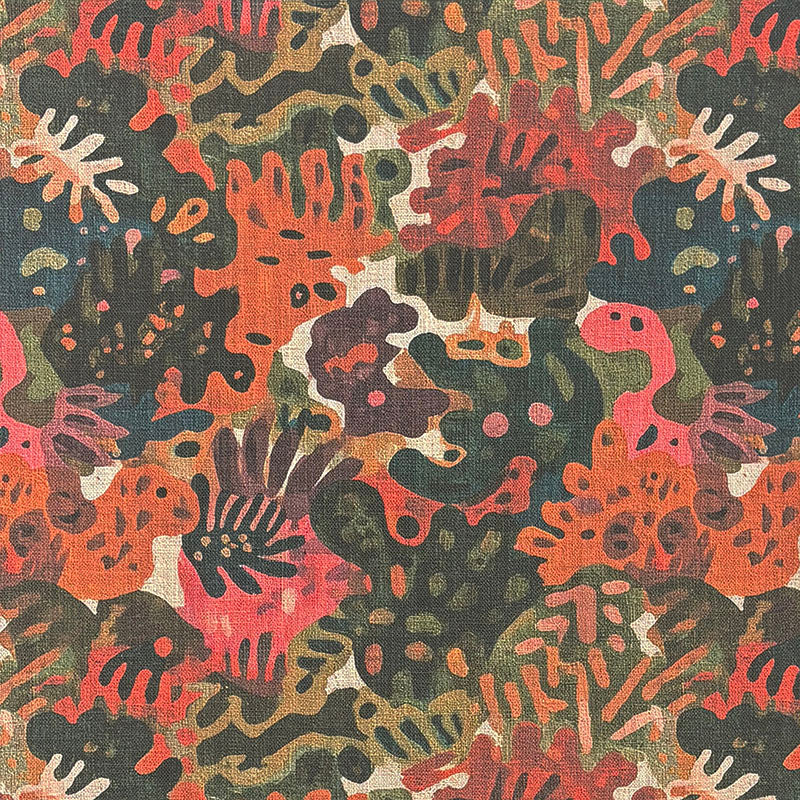Fauve No.18 multicoloured abstract upholstery fabric with coral pink, orange and olive green cut-out style shapes