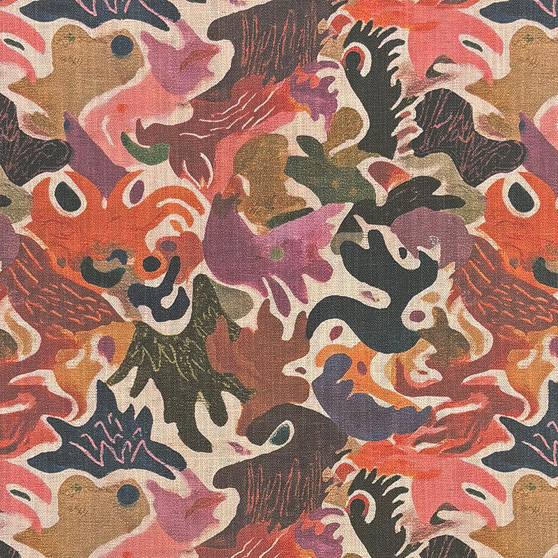 Fauve No.19 warm multicoloured abstract upholstery fabric with coral orange, blush pink, plum and ochre painterly shapes