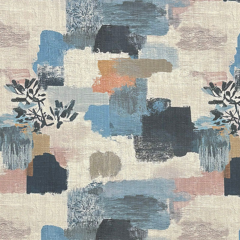 Fauve No.1 blue abstract upholstery fabric with painterly brush blocks, charcoal accents and small botanical motifs on a natural ground