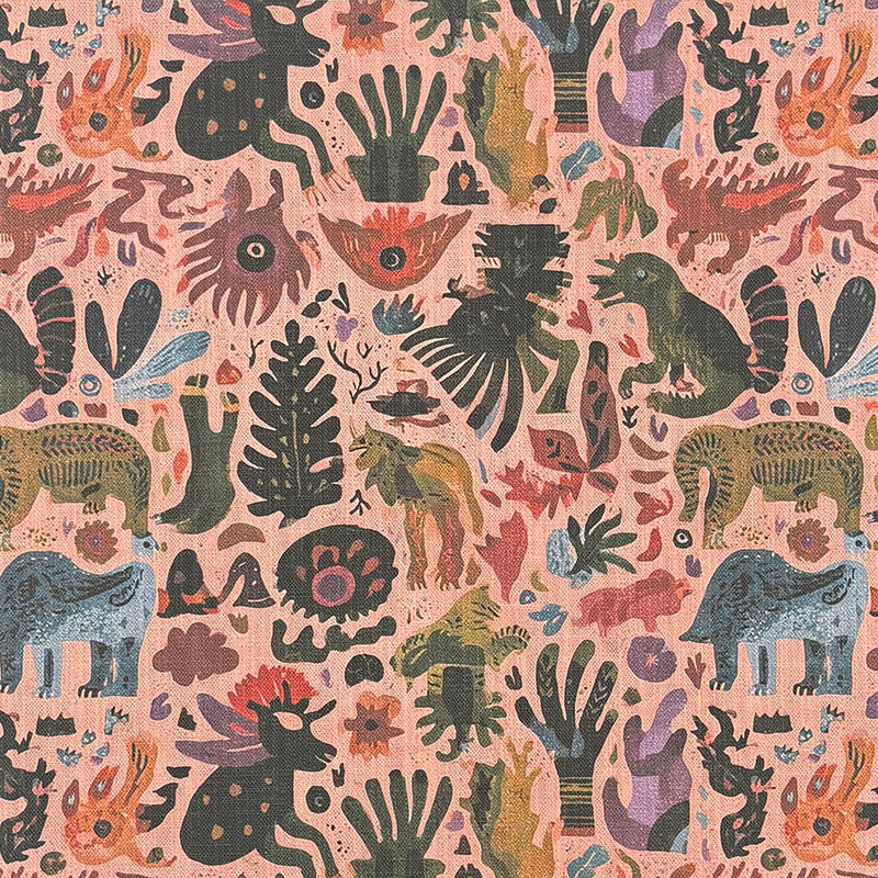 Fauve No.20 pink multicoloured abstract upholstery fabric with blue, coral and olive hand-drawn playful shapes